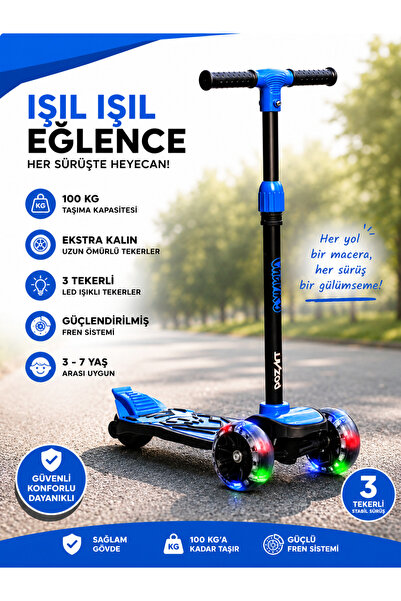 POZART Scooter Chanky Kalın ve Led Işıklı 3teker Güçlü Fren 100kğ Kapasite 3k...