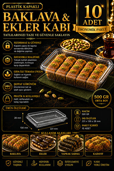Ambalaj Evi Kapaklı Baklava Kabı Sızdırmaz Baklava Kasesi 500 Gr 10 Adet