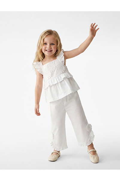 Koton Weiße Baby-Mädchenhose mit Popeline-Rüschen 6SMG40008AW