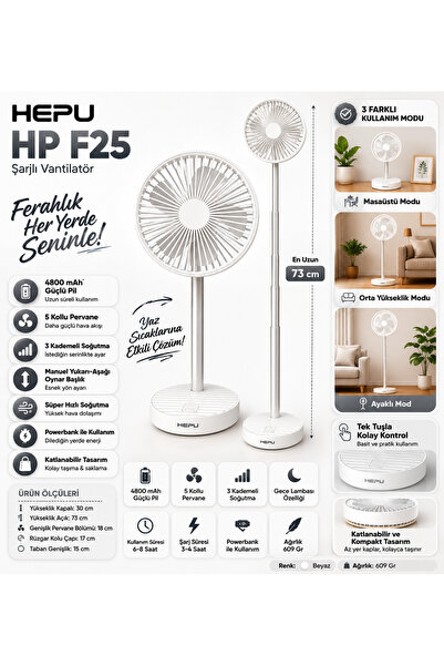 HEPU HP F25 Şarjlı Taşınabilir Masa Üstü Vantilatör 4800 mAh 5 Kollu Süper So...