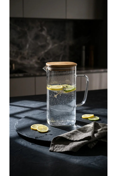 LeylArt Bambu Kapaklı , Vakumlu Cam Sürahi , 1500ml