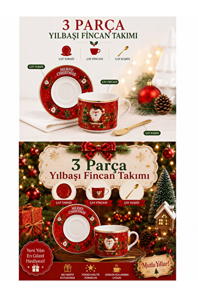 FİNCAN TABAK KAŞIK SETİ YILBAŞI YENİ YIL HEDİYE CHRİSMAST NOEL BABA 2025 KIRMIZI BARDAK SETİ 3 LÜ