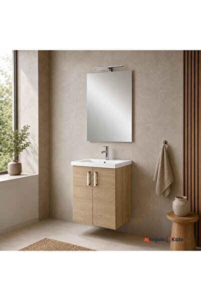 KALE Noah Meşe 55 cm Kapaklı Alt Dolap, Lavabo ve Ayna Takımı