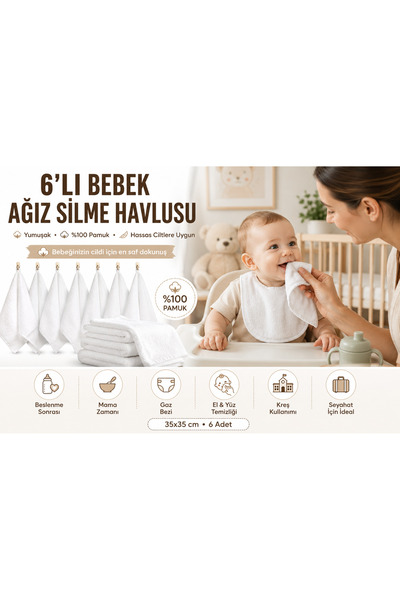 MEŞELİ TEKSTİL 6 Adet LÜKS 30x30 Havlu bebek Ağız Silme mendili