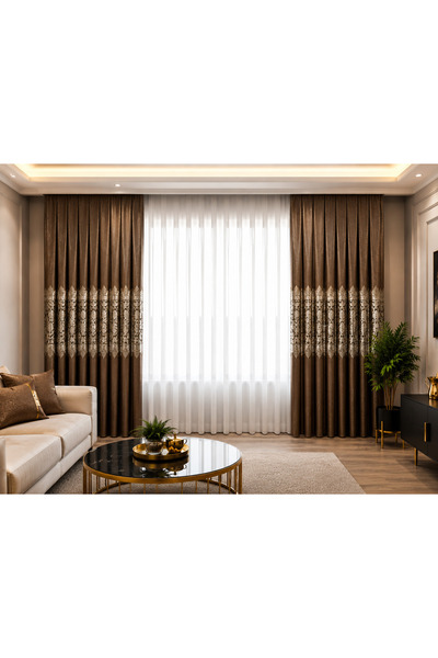 SAYDEMİR HOME Pano Fon Perde Kahverengi Damask Çiçek Desenli Fon Perde SIK Pİ...