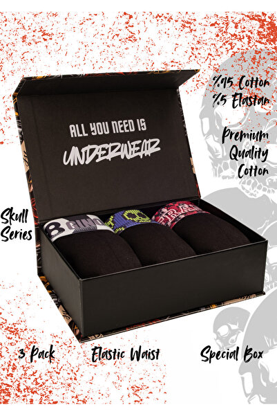 Gino Francisco Skull Serisi Erkek Boxer 3'lü Premium Hediye Kutulu %95 Pamukl...