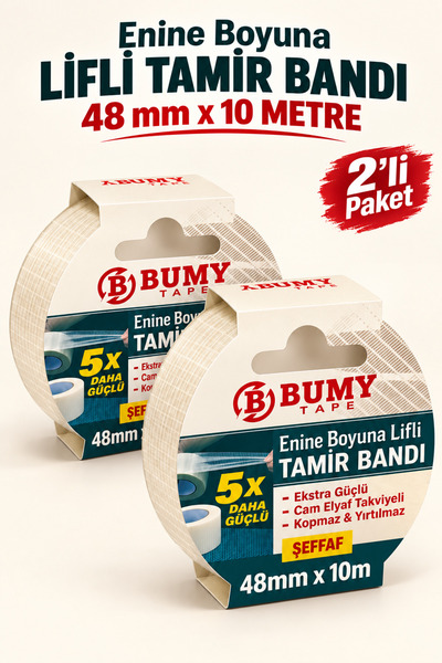 BUMY 2 ADET Lifli Tamir Bandı 48 mm x 10 Metre Şeffaf Cam Elyaf Takviyeli Güç...