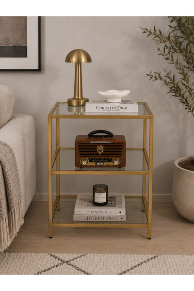 Trendmiz VELMARK Modern Loft Tarz 3 Katlı şeffaf Camlı Sehpa – Gold Metal Göv...