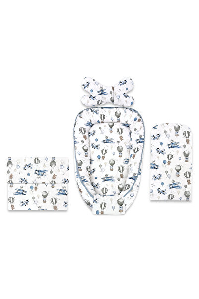 MimiNu Set 4 in 1 Cosulet bebelus, MimiNu, Baby Cocoon 75x55 cm, Blue Plane