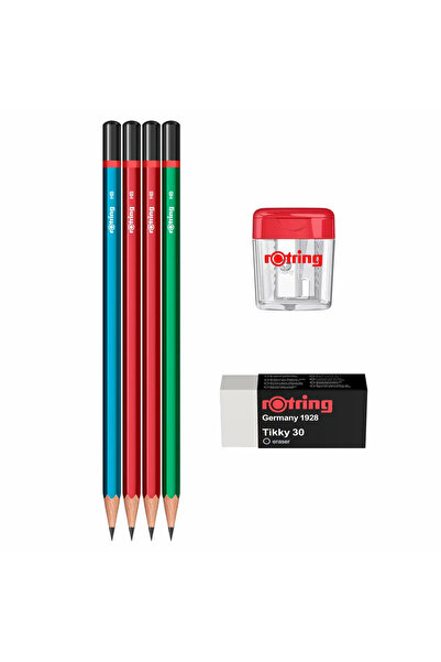 Rotring Set de 4 creioane grafit, HB, radieră Tikky30, ascuțitoare