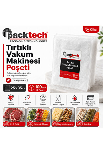 Packtech Tırtıklı Vakum Makinesi Poşeti- Torbası 25x35 Cm - 100 Adet 2535