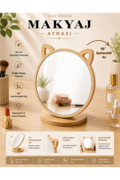 Unichrome Masaüstü Ayna Ayarlanabilir Menteşeli 14 Cm Oval Görünümlü Ahşap Makyaj Cilt Bakımı Make Up Mirror