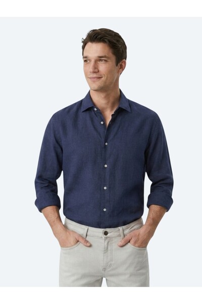 Kip Indigo Regular Fit Long Woven Casual Cotton Blend Shirt