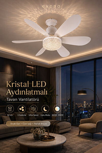 evona Feny Tavan Vantilatörü Kristal LED Aydınlatmalı Kumandalı Sessiz 6 Kana...