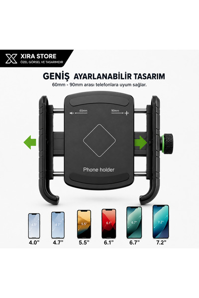 XİRA 360° Dönebilen Motosiklet Telefon Tutucu Gidon Bağlantılı Ayarlanabilir Telefon Standı 4.7-7 İnç Evrensel