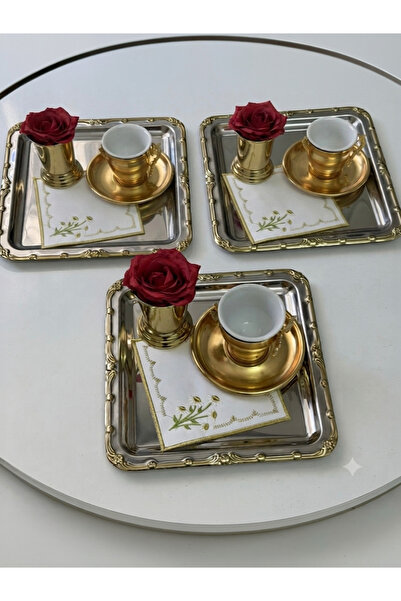 Elzemm store PASLANMAZ ÇELİK KARE 3 ADET KENARI KENDİNDEN GOLD DESENLİ ÇAY KA...