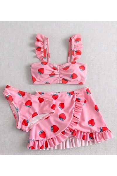 ARBİ kids Girls Strawberry Print Three-Piece Ruffled Skirt Swimsuit Bikini Set