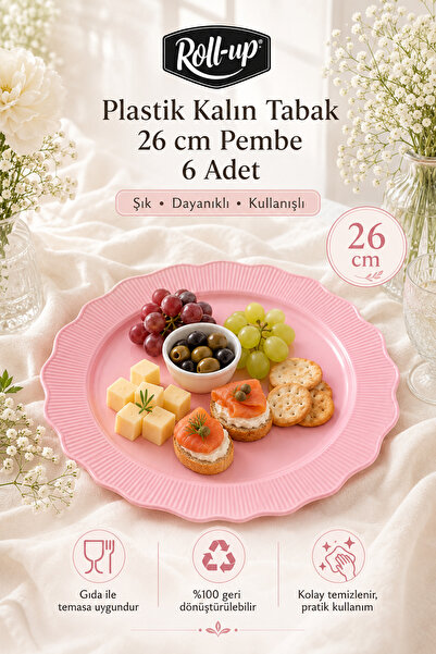 Roll-Up Plastik Kalın Tabak Büyük 26 cm Pembe 6 Adet