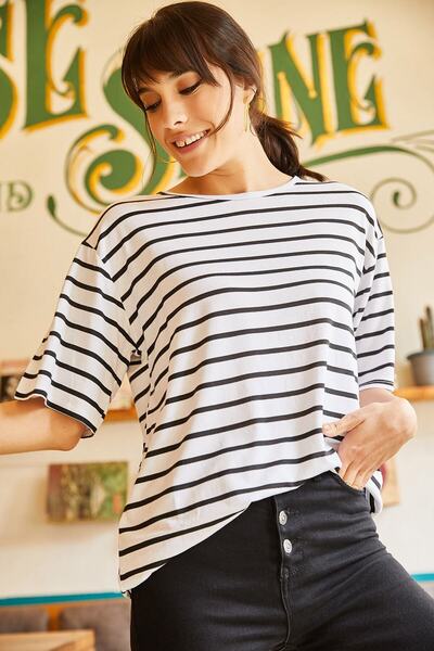 Olalook Tricou casual cu dungi albe de damă TSH-19000283