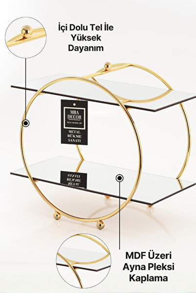 mba decor metal bending art Yuvarlak Gold Aynalı Kahve Yanı Sunumluk Hediyelik Dekorasyon Ikramlık Organizer Mdf Ahşap 26cm