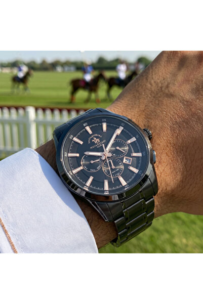 Santa Barbara Polo & Racquet Club ساعة ليجند سوداء من الفولاذ المقاوم للصدأ ل...