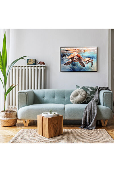 MallDeco Tablou Canvas Modern cu Testoase Marine in Ocean, Pictat Manual, cu ...