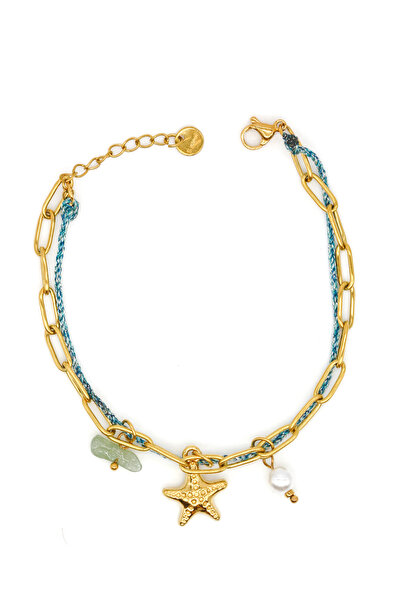 Nearsis Starfish, Turquoise String, Paperclip Chain, Steel Bracelet