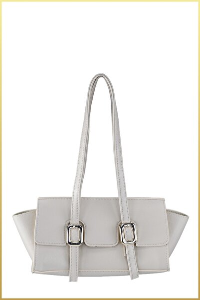 birizmoda Women's Clamshell Shoulder Bag with Buckle Detail - Cream