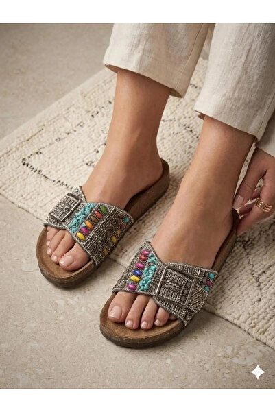 MİYA Pienn Üretimi Women's Stoned and Pearled Evil Eye Beaded Massage Sole Da...