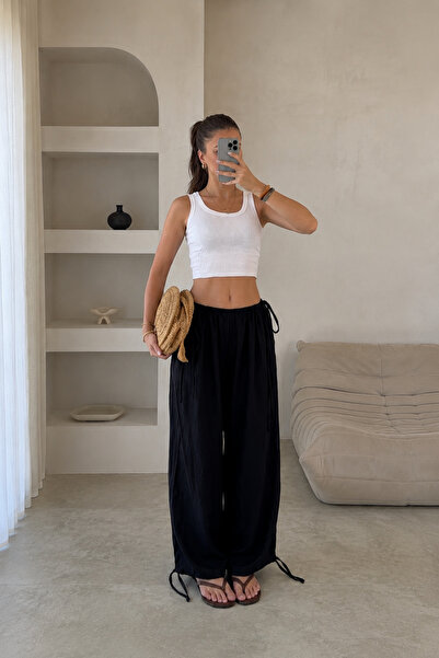 Nika Fashion Kadın Beli Büzgülü Paçası Bağlama Detaylı Dökümlü Modal Tensel K...