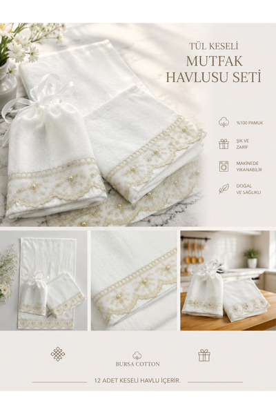 Bursa Cotton TÜL KESELİ12 adet 30x50 Mutfak Havlusu, Mevlüt, Konvoy, Araba Ha...