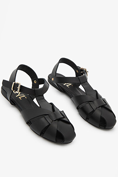SAYL Black Genuine Leather Women's Strappy Cage Sandals