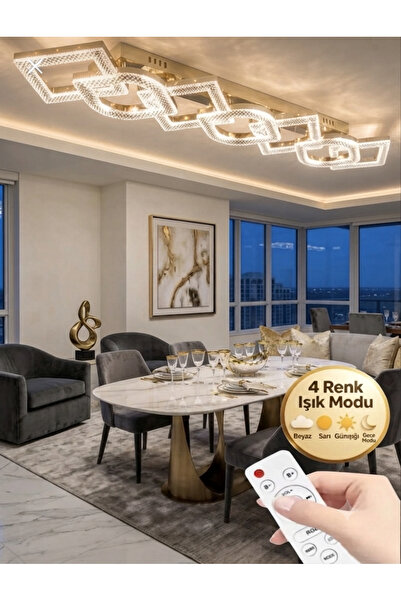 Lüxev Lighting Lucia Model 7"li Gold 3 Renk Modu Yemek Masası Oturma Çocuk Ya...