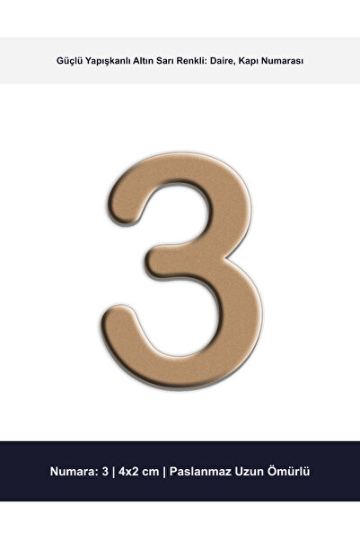 Demiraslan Ticaret 4x2 cm Altın Sarı Renk Metal Kapı Numarası No 3 - Yapışkan...