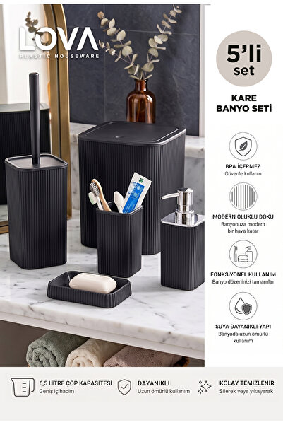 lovagroup Modern Çizgili 5 Parça Kare Banyo Seti - Çöp Kovası-WC Fırçası Sıvı...