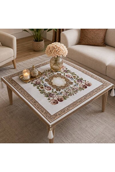 Yeshome Collection Ottoman Rose 95X95 Tapestry Coffee Table and Fiskos Cover