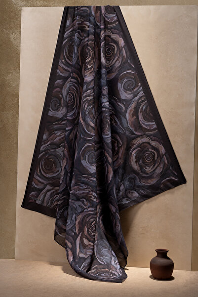 Rose Patterned Brown Soft Scarf - No Slip No Stop