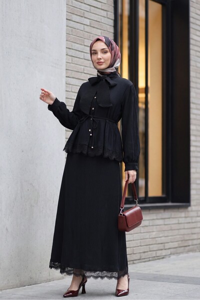 Modamorfo Lace Collar and Tie-Waist Skirt Pleated Crepe Suit - Black