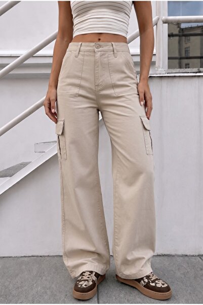 BİKELİFE Beigefarbene Cargo-Hose aus Lycra mit hoher Taille und weitem Bein