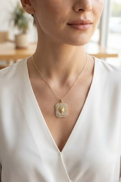 Inure Jewelry 316L Steel Chain Gold Lion Medallion Model Zircon Stone Women's...