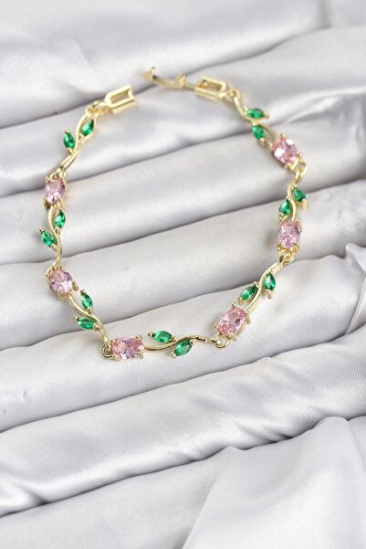 Inure Jewelry سوار نسائي من النحاس باللون الذهبي وحجر الزركون الوردي على شكل ...