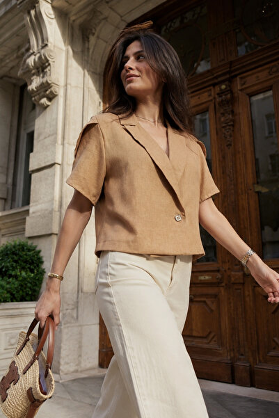 armonika Women's Camel Sleeve Slit Detailed Crop Short Sleeve Jacket Arm-24Y0...
