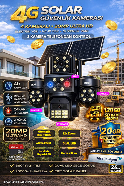 IDS 4 Lens 20MP Sim Kartlı Güneş Enerjili Güvenlik Kamerası 240GB İnternet ve...
