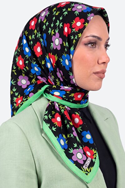 hadiora Women's Green Black Floral Patterned Organic Cotton Soft Scarf