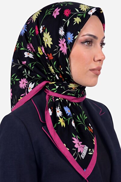 hadiora وشاح نسائي ناعم من القطن العضوي بنقشة زهور باللونين الأسود والوردي
