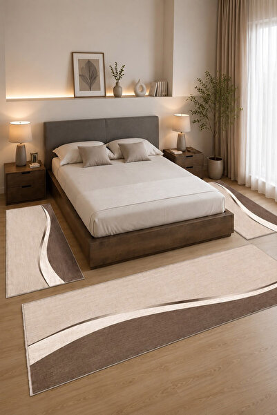 STY Home Kahverengi Dijital Baskılı 3 'lü Yatak Odası Halısı Yolluk Takımı 80...