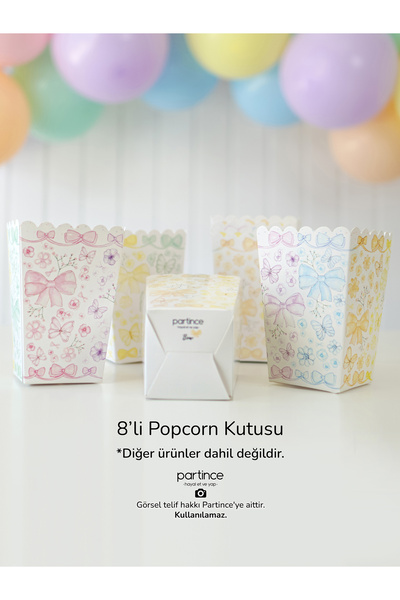 partince Makaron Kelebek Çiçek Fiyonk Tema 8'li Popcorn Patlamış Mısır Kutusu