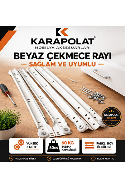 KARAPOLAT Klasik Kızaklı Dolap Çekmece Rayı Beyaz 35-40-45-50 Cm (VİDA DAHİL)