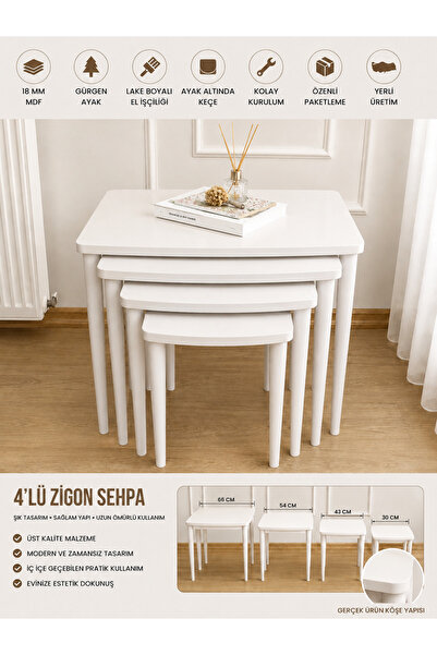 Home Başaran Concept Üst Kalite 1. Sınıf MDF Lake Boyalı 4 Lü Beyaz Zigon Seh...