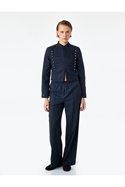 Koton High Waist Elasticated Striped Wide Leg Trousers with Pocket Detail